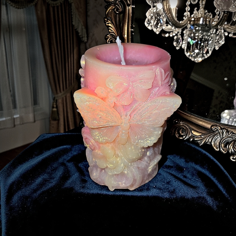 Handmade 100% Beeswax Butterfly Floral Sculpted Candle – Iridescent Pink Decor